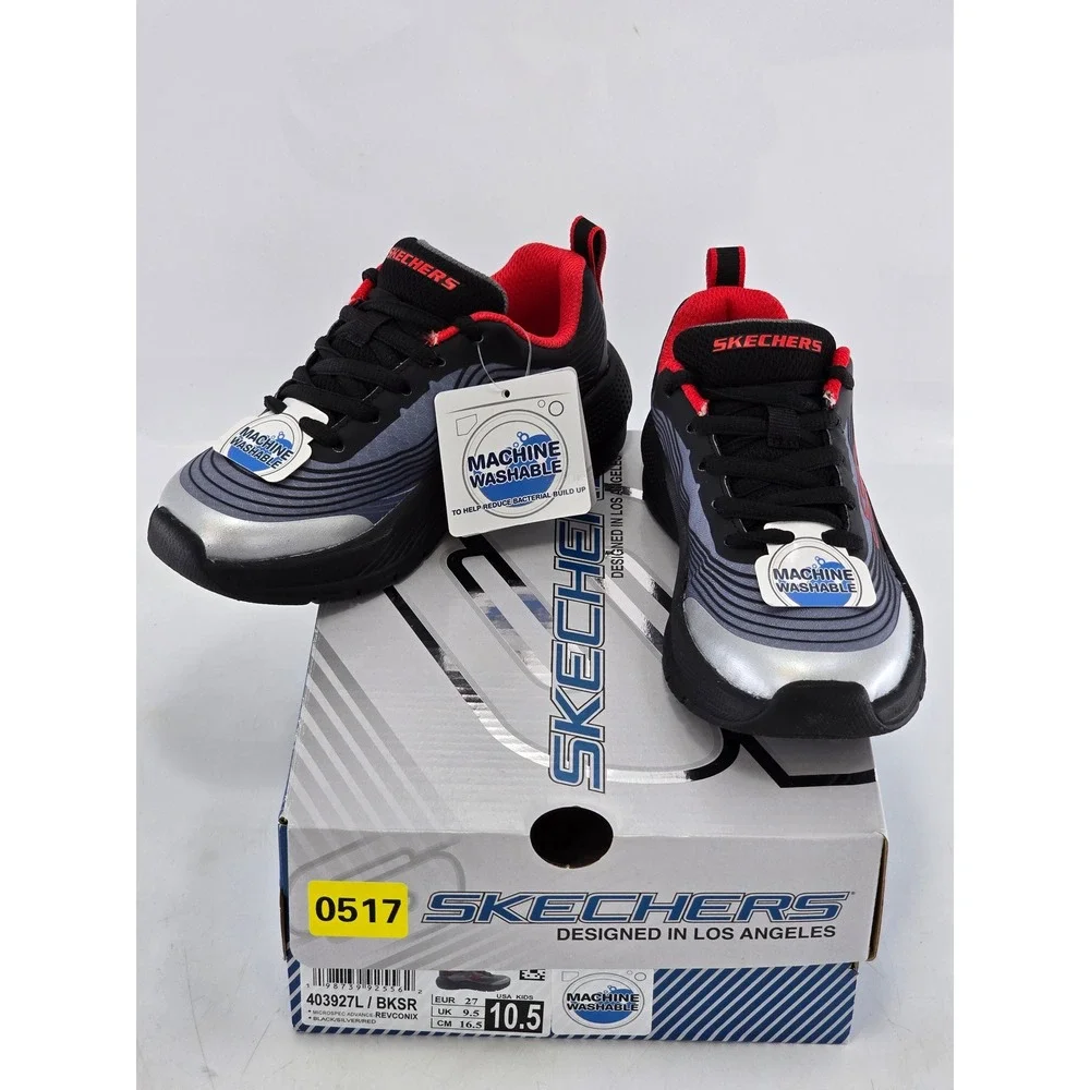 Skechers Microspec Advance Revconix Kids 10.5 Black Silver Red - New